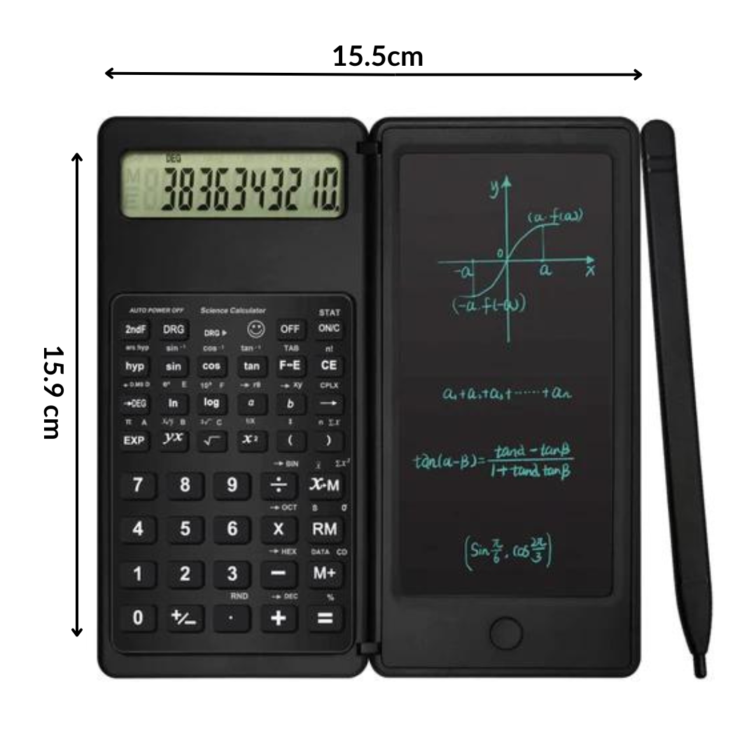 Calculatrice scientifique à 10 chiffres avec écran d'écriture LCD.